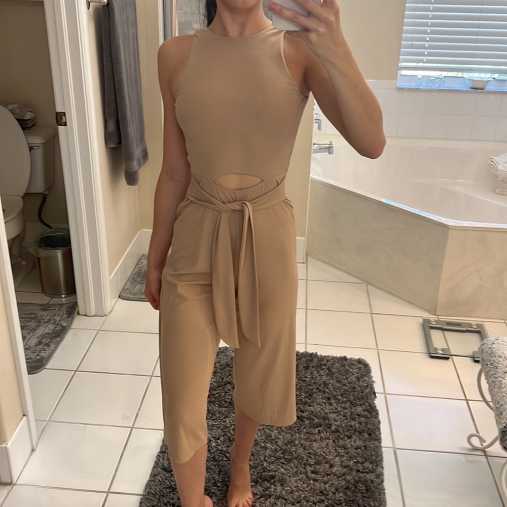 Tan Jumpsuit Cutout Culots Romper stretchy